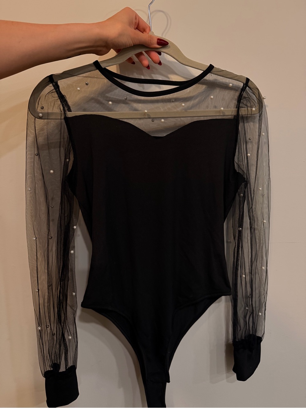 Pearl-Embellished Black Mesh Sleeve Bodysuit